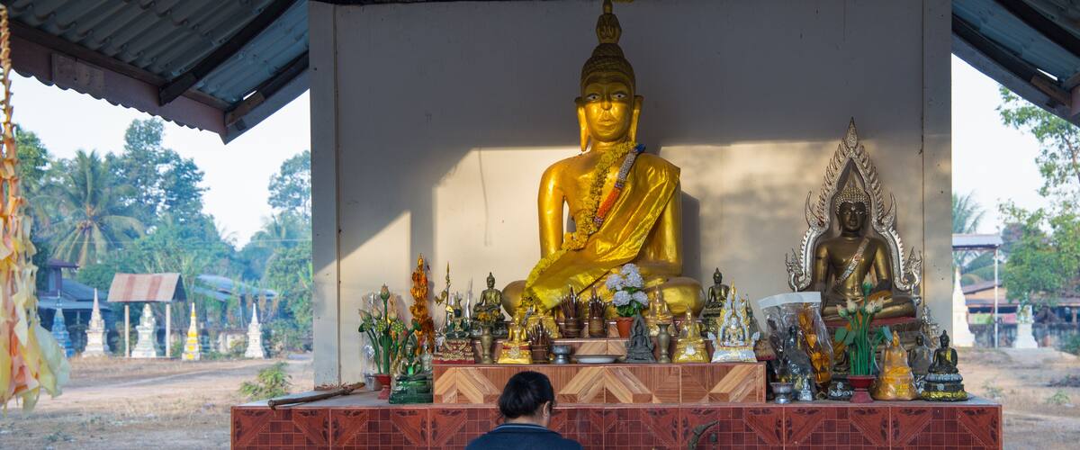 A large golden Buddha statue in a temple with a woman praying in front.