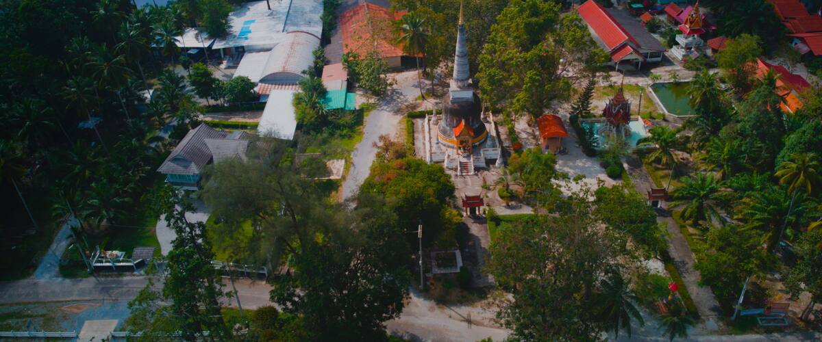An aerial view of a temple complex surrounded by lush greenery and palm trees.