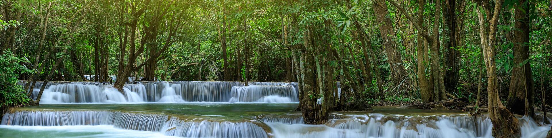Huai Mae Khamin Waterfall level 2, Khuean Srinagarindra National Park, Kanchanaburi, Thailand; panorama