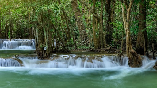 Huai Mae Khamin Waterfall level 2, Khuean Srinagarindra National Park, Kanchanaburi, Thailand; panorama