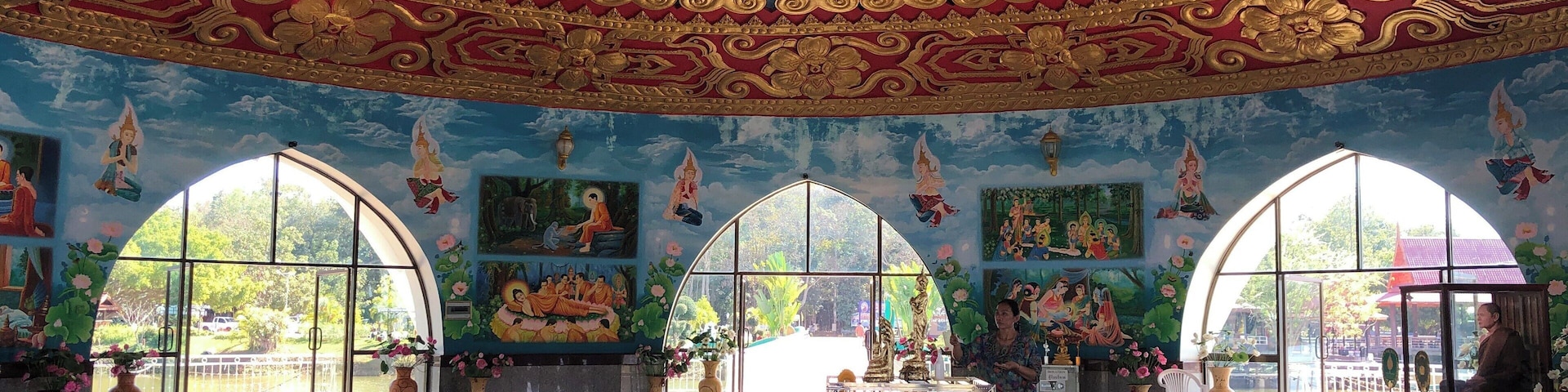 The interior of the lotus shaped temple in the middle of the pond