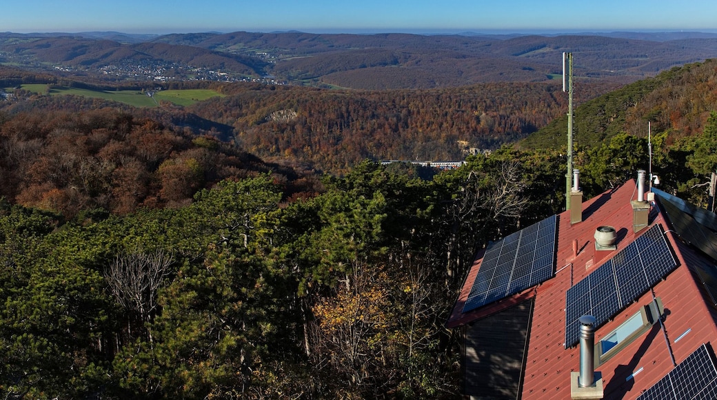 Un paysage montagneux avec de vastes forêts, une petite ville située dans la vallée et des panneaux solaires installés sur un bâtiment.