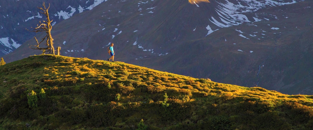 A person walking on a grassy hill with a mountain range in the background.