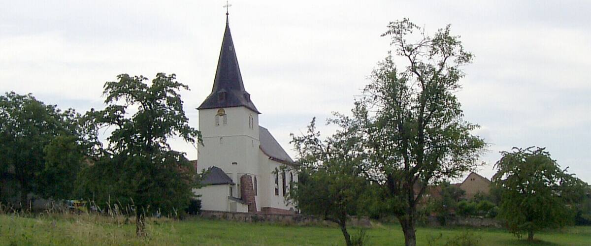 A white church with a tall steeple and a cross on top, surrounded by green grass and trees.