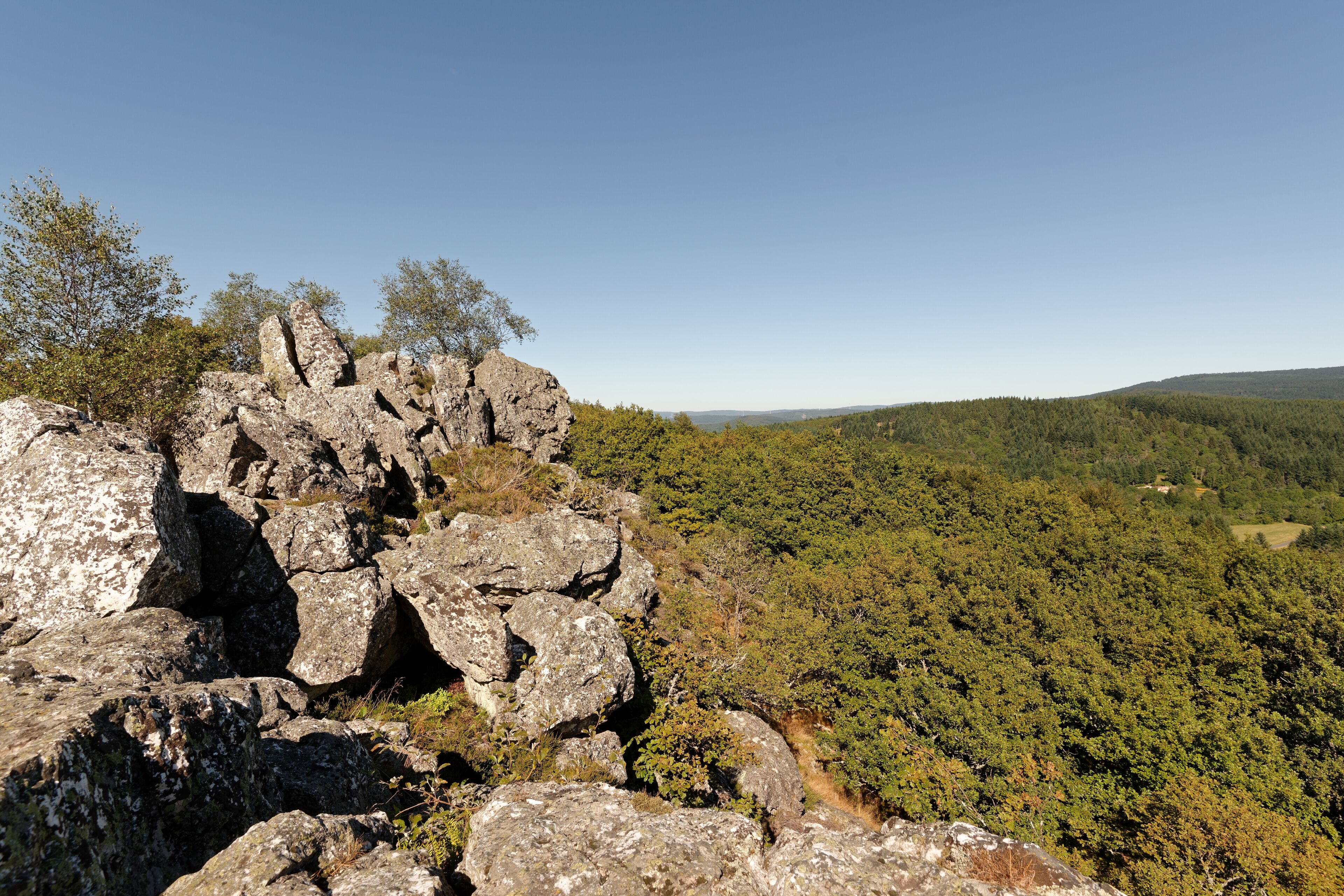 Vue vers le sud depuis le sommet du Rez de Sol, le plus long filon de quartz du Massif Central, situé à 943 m d'altitude dans les Bois noirs.