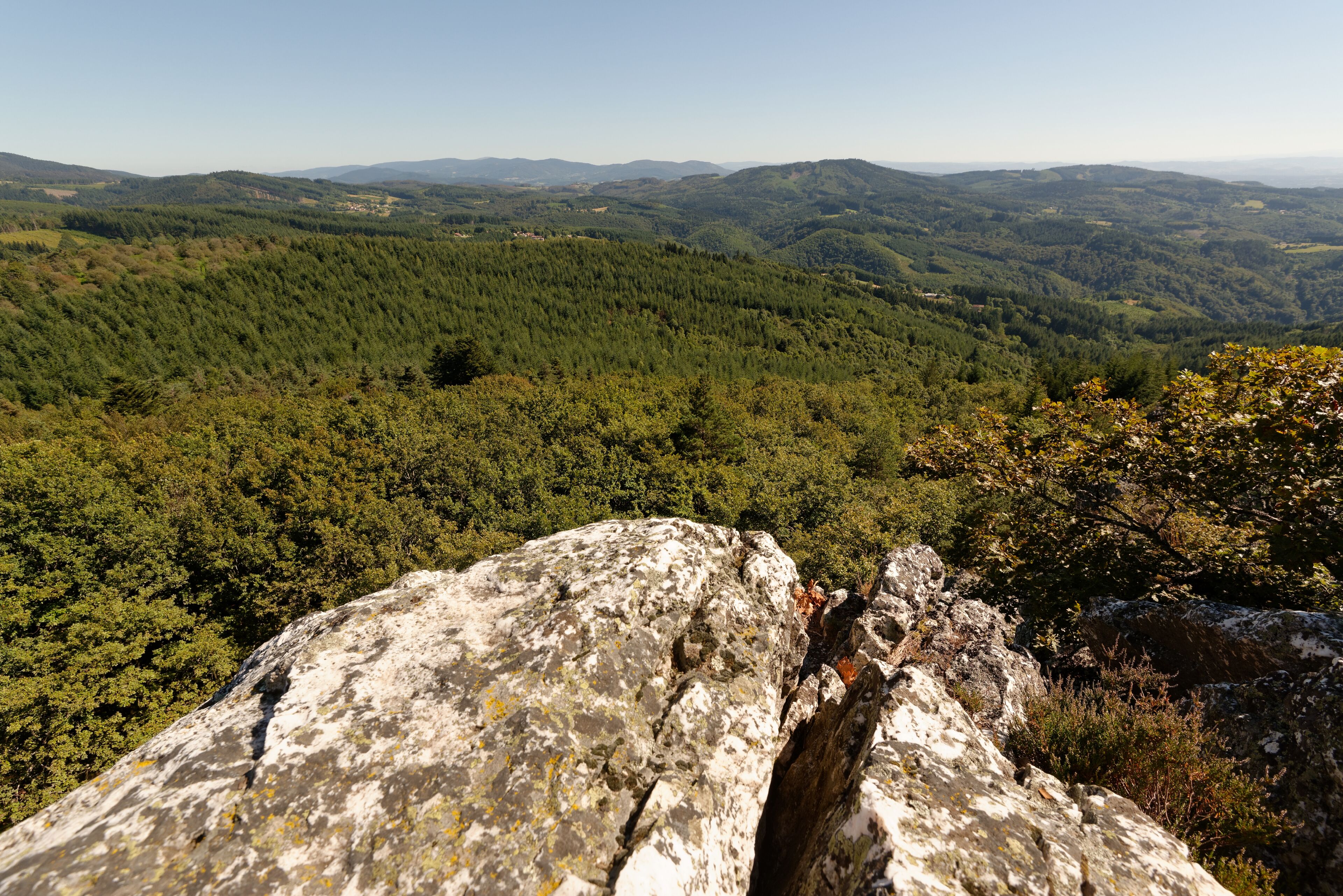 Vue vers le sud depuis le sommet du Rez de Sol, le plus long filon de quartz du Massif Central, situé à 943 m d'altitude dans les Bois noirs.
