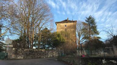 A stone tower with a thatched roof, surrounded by leafless trees and a paved road.