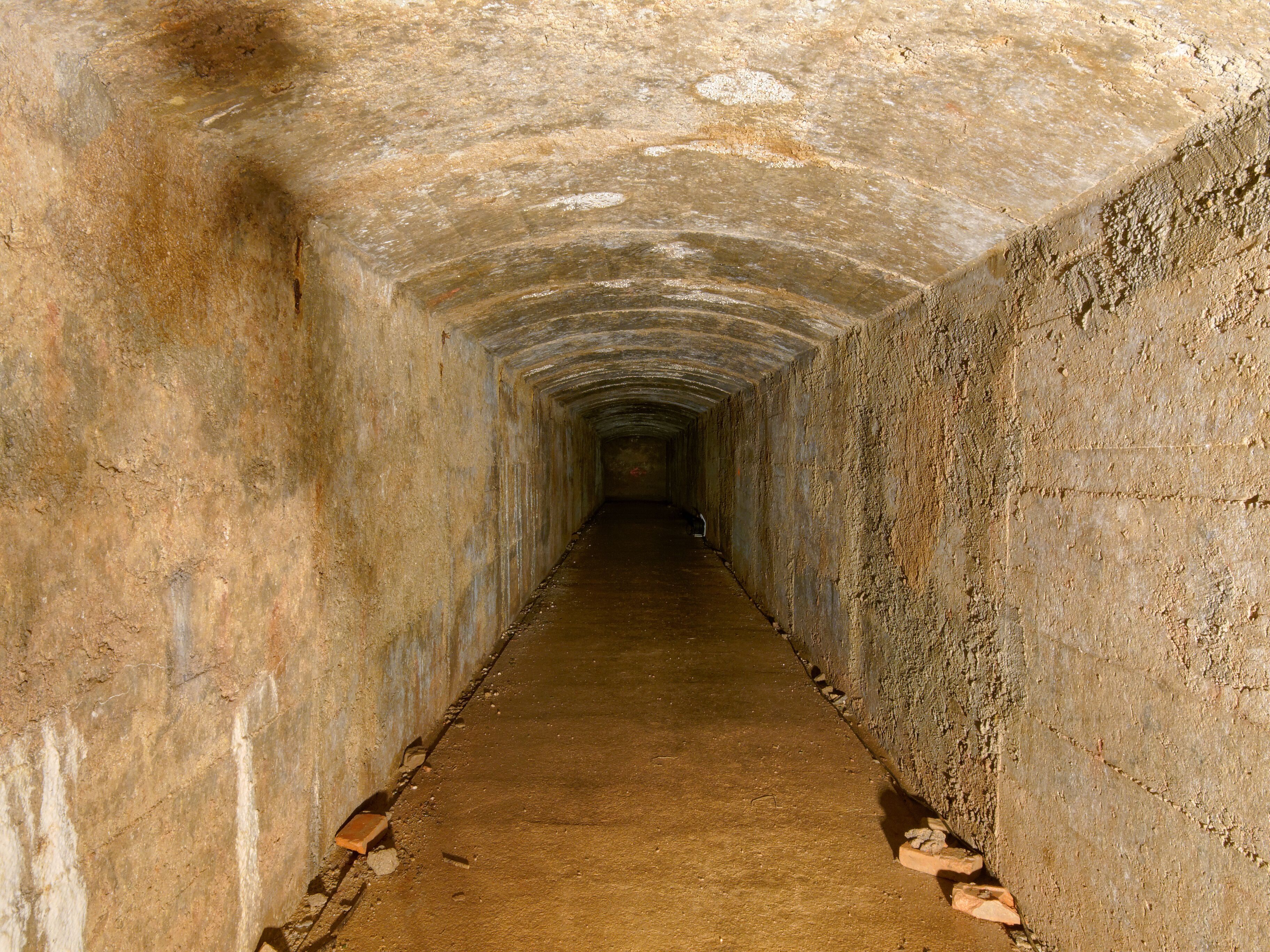 This file was uploaded with Commonist. Fort de Roppe : long couloir reliant le fort à l'abri-caverne, dont une partie a été éclairé par l'armée à l'occasion des journées du patrimoine (HDR).