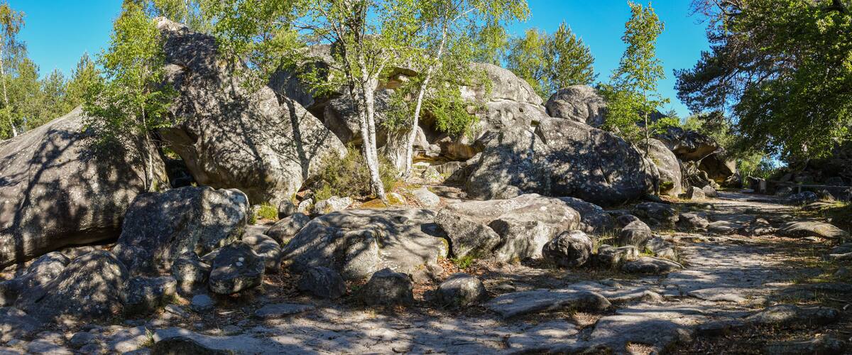A rocky landscape with large boulders and trees.