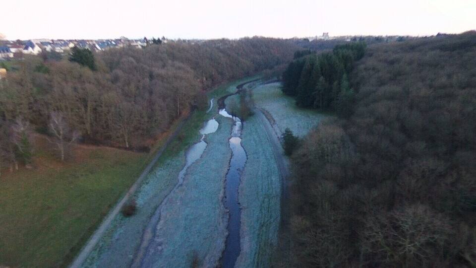 A river winding through a forested valley with a small town in the background.