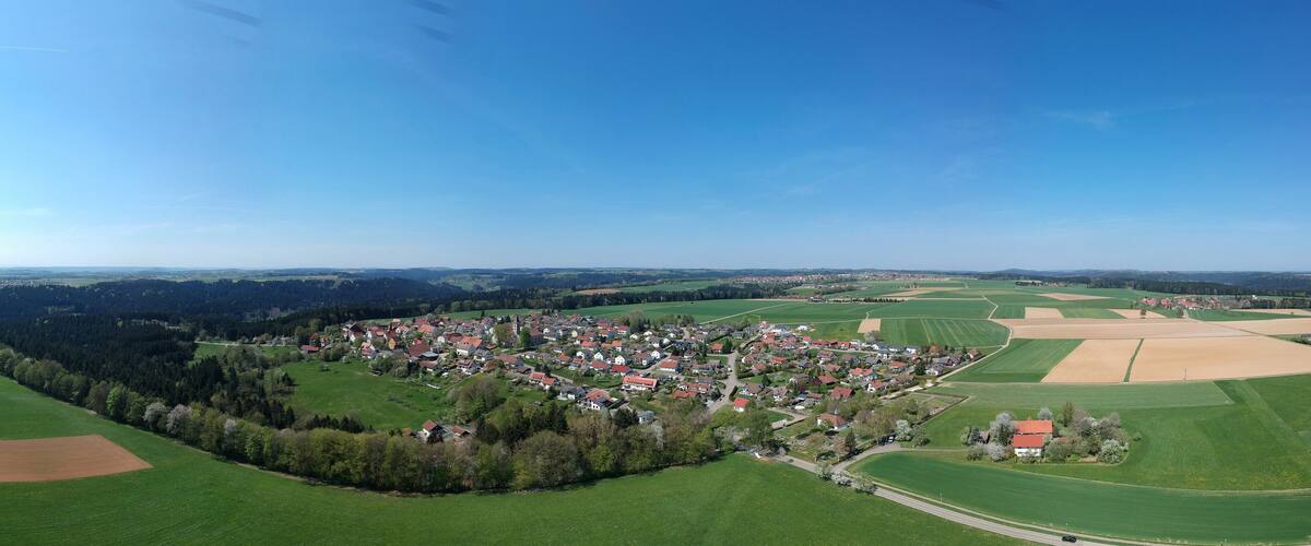 An aerial view of a rural village surrounded by fields and forests.