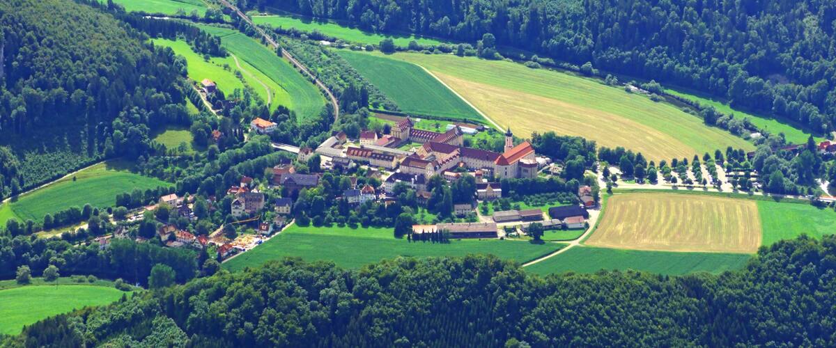 An aerial view of a rural village surrounded by lush green fields and dense forests.