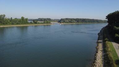Germersheim: Blick über den Rhein mit der Hafeneinfahrt