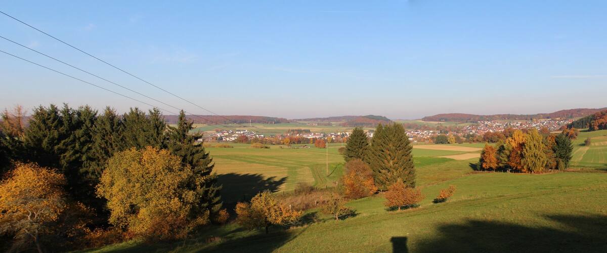 A rural landscape with rolling hills, a small town in the distance, and autumn-colored trees.