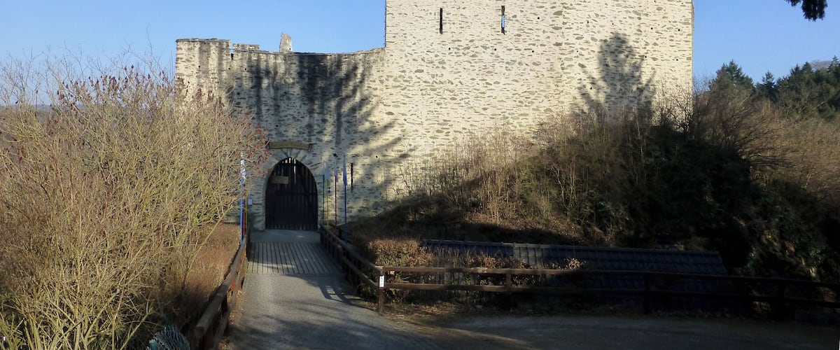 A stone castle with a tall tower and a gate.