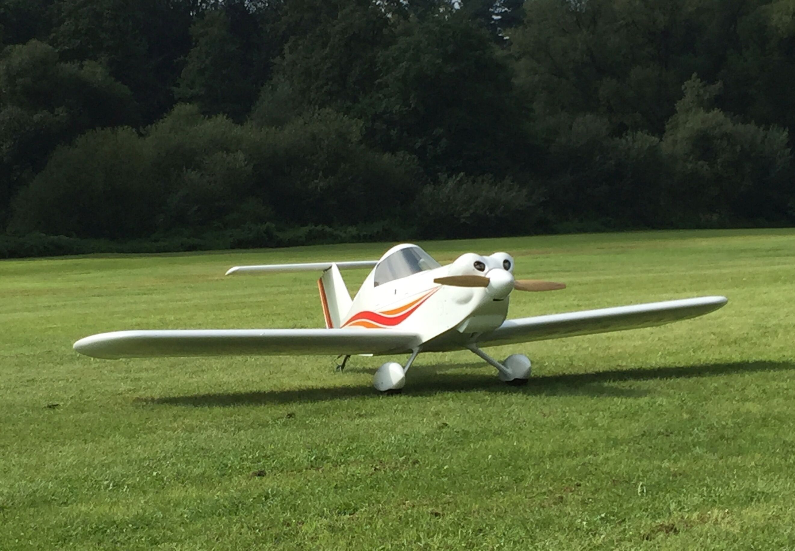 A small white airplane with red and orange accents parked on a grassy field.