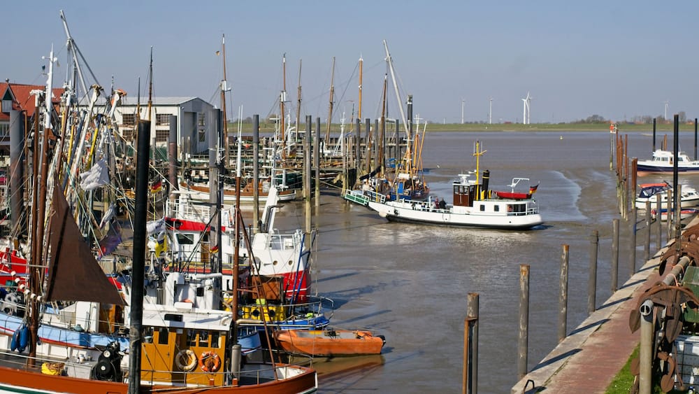 Un port de plaisance où sont amarrés différents types de bateaux, une rivière et, au loin, des éoliennes.