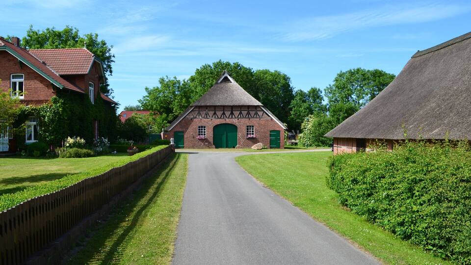 A rural road leading to a traditional thatched-roof building with a green door, surrounded by well-maintained hedges and a wooden fence.
