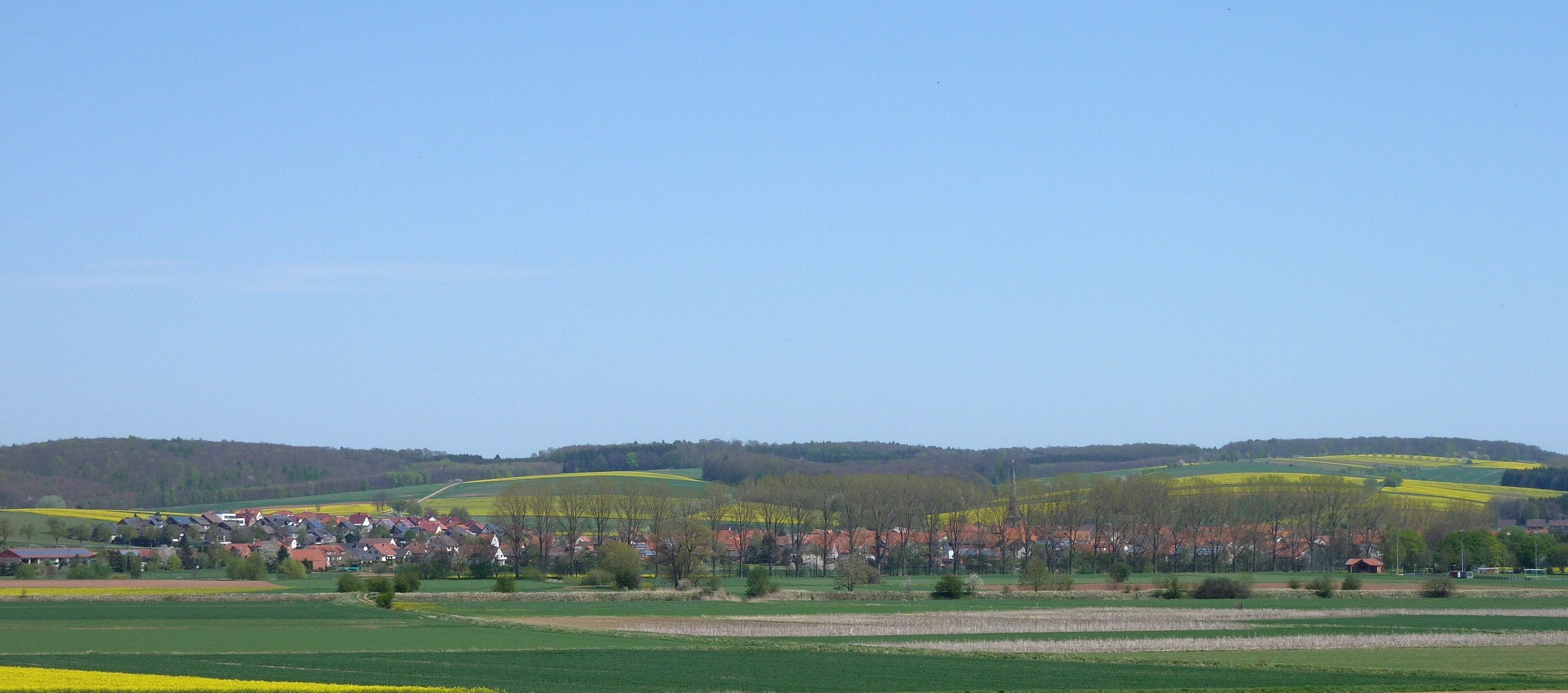 A rural landscape with fields, a village, and rolling hills.
