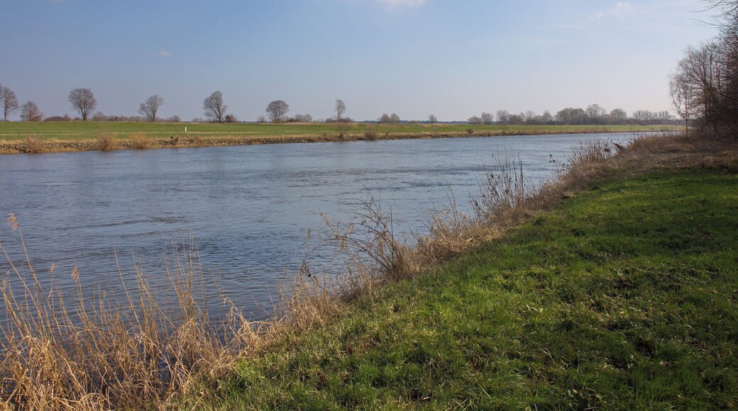 Weserfähre Schweringen-Gandesbergen (Schweringen), Niedersachsen, Deutschland.. Die Geschichte der letzten Gierseilfähre an der Mittelweser reicht bis in das 16. Jahrhundert.
