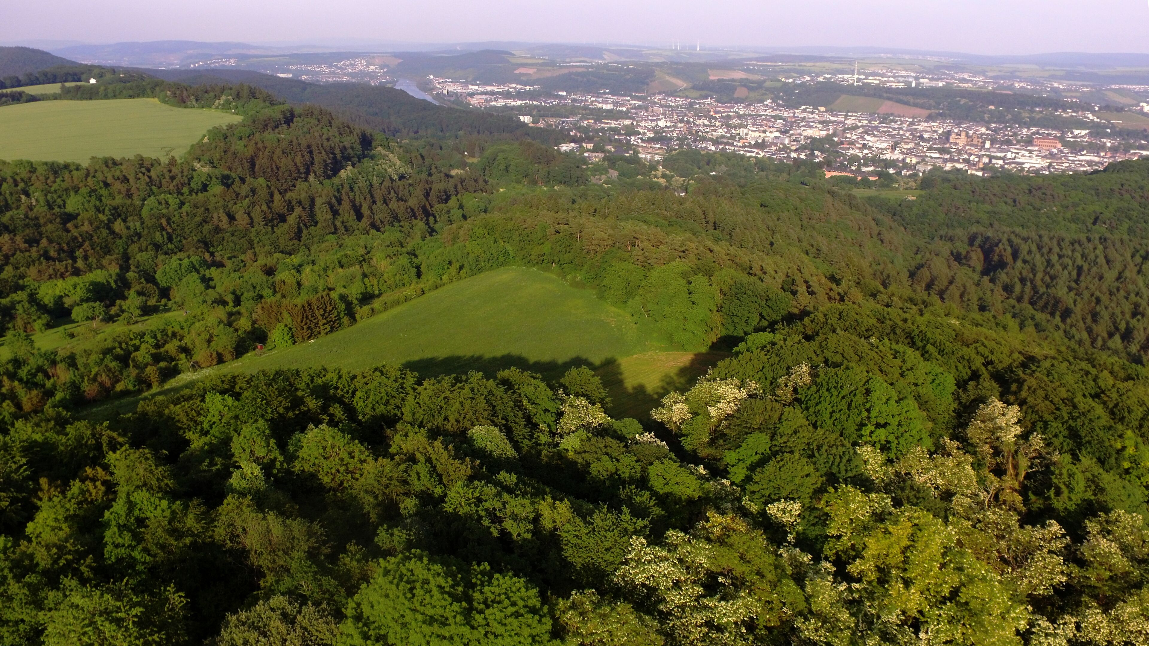 Trierː Naturschutzgebiet Gillenbachtal - Blick von NW auf den unteren Teil des Naturschutzgebiets. Im Hintergrund die Stadt Trier