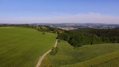 Gillenbachtal von oben, das NSG ist der Wald links vom Weg
