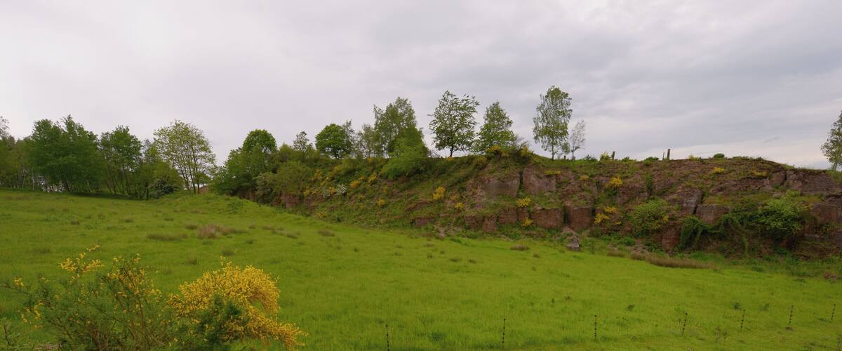 A grassy field with a rocky hill in the background.
