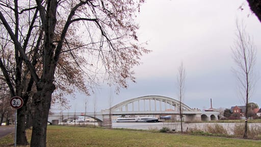 Saalebrücke Alsleben, zweigelenkige Bogenbrücke Baujahr 1927-28 Blick von der Oberstrom-Seite