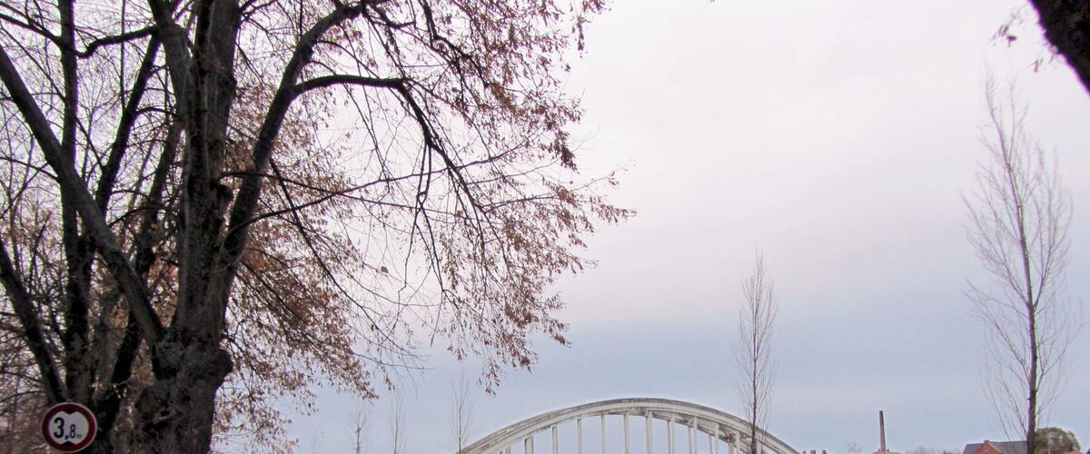 A bridge over a river, a speed limit sign, and a grassy area with trees.