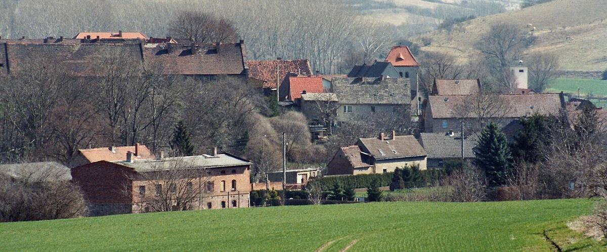 A rural village with stone houses and a green field.