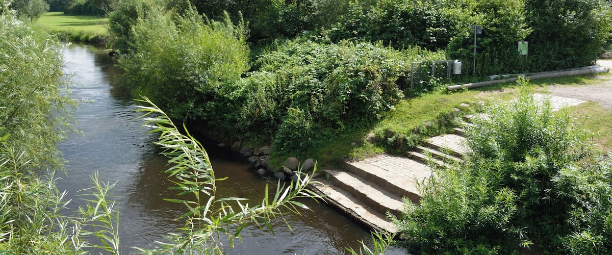 A river with a stone bridge, surrounded by lush greenery and trees.