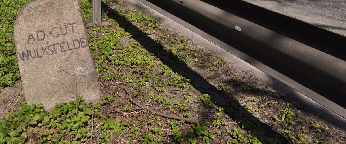 A road with a guardrail and a stone marker reading "AD CUT WULKSFELDE".