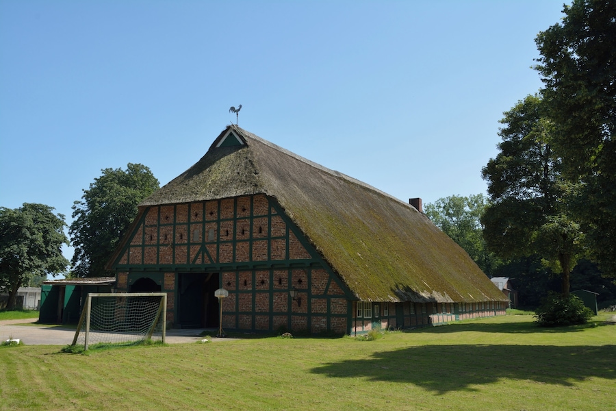A traditional thatched-roof barn with a green door and a weather vane on top.