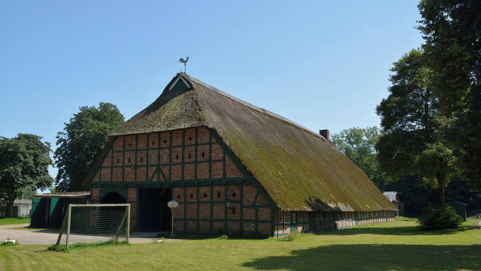 A traditional thatched-roof barn with a green door and a weather vane on top.