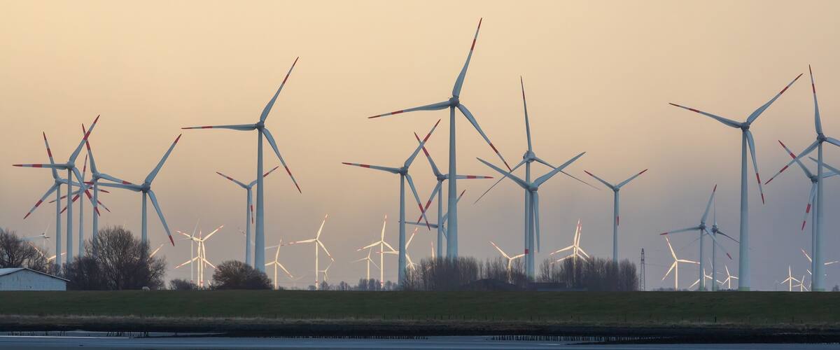 A wind farm with multiple wind turbines against a dusky sky.