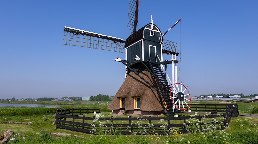 Een klassieke windmolen met rieten dak, een rood wiel en een houten omheining eromheen.