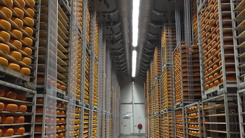 A warehouse with rows of orange crates on metal shelving.