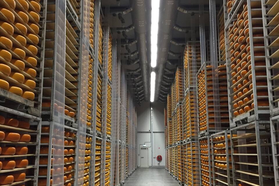 A warehouse with rows of orange crates on metal shelving.