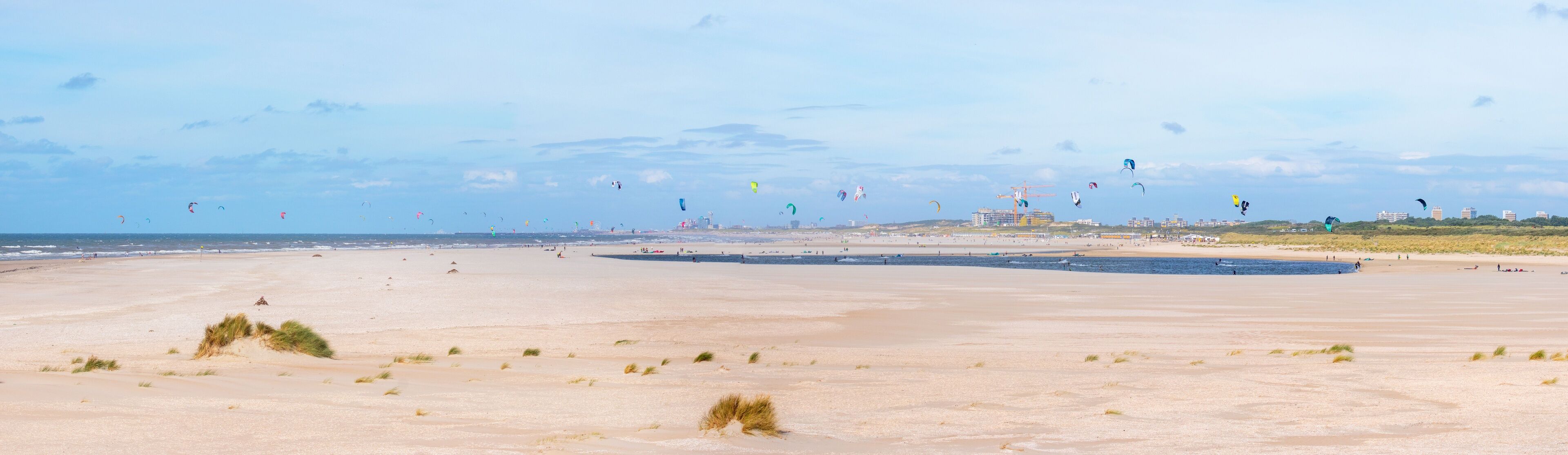 A wide sandy beach with numerous kites flying in the sky.