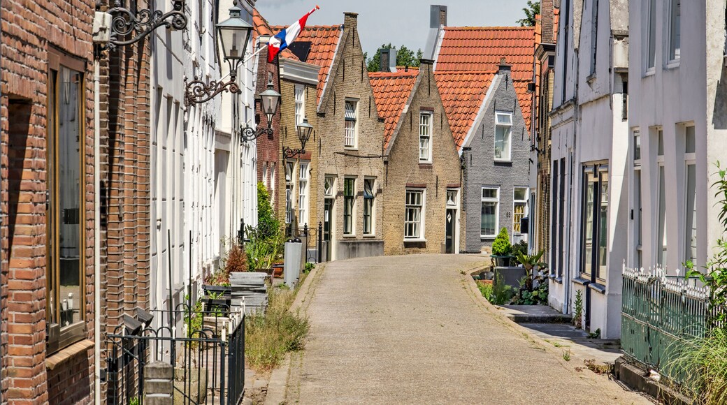 Zwartewaal, The Netherlands, June 12, 2021: traditional houses with brick and plaster facades in the village's main street on a sunny day