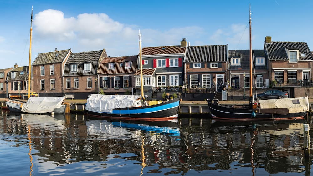 Panoramatic view of harbour in historical centrum of Spakenburg village, Province Utrecht, The Netherlands