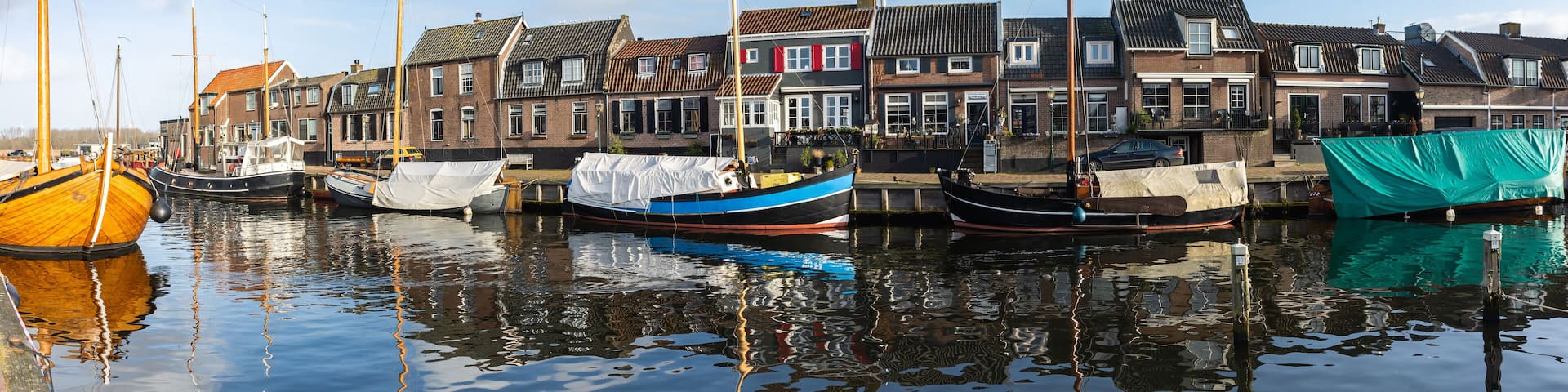 Panoramatic view of harbour in historical centrum of Spakenburg village, Province Utrecht, The Netherlands