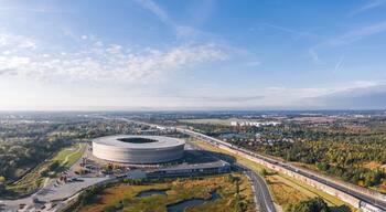 Aerial wide panoramic autumn view over Fabryczna district and city stadium in Wroclaw, Poland.