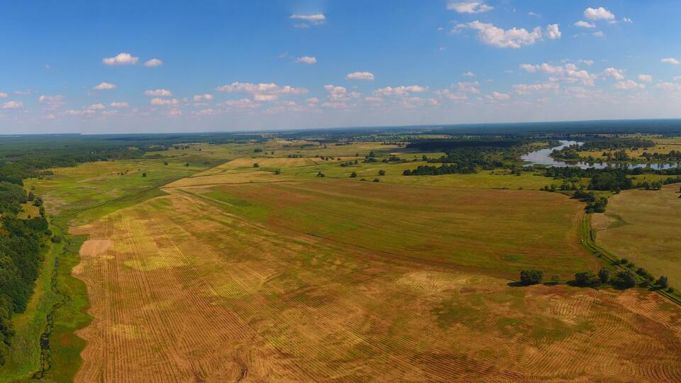 A vast landscape with fields, a river, and scattered trees.