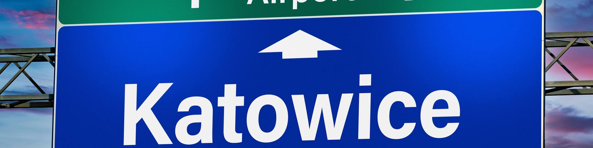 Road sign indicating direction to the city of Katowice, Poland