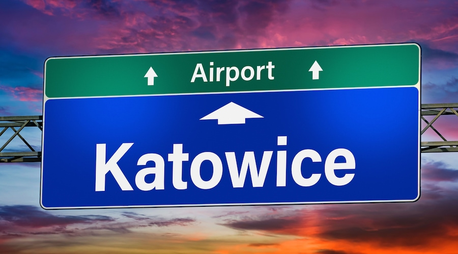 Road sign indicating direction to the city of Katowice, Poland