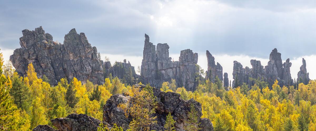 Inzer teeth (Inzer rocks) near the Tirlyansky village. Russia, South Ural, Bashkortostan Republic, Beloretsky region.