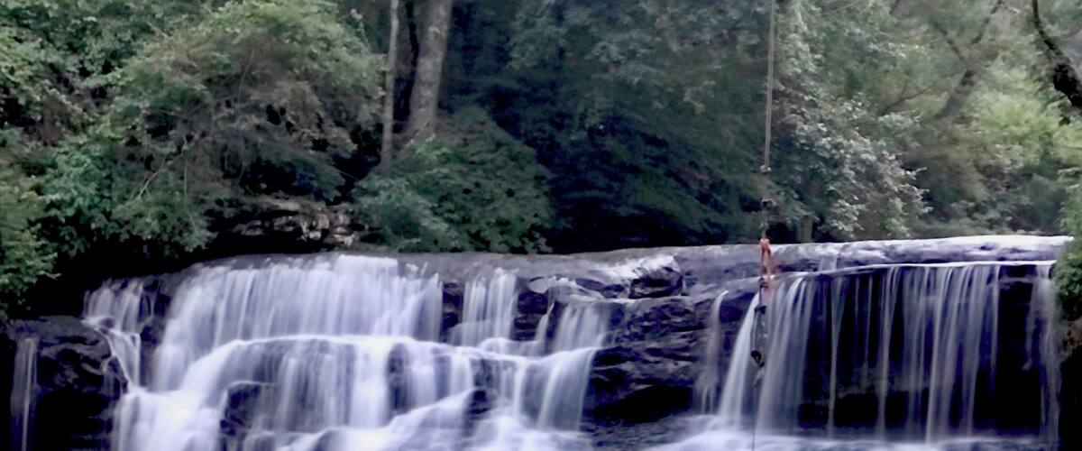 A waterfall cascading over rocks into a calm pool surrounded by dense forest.