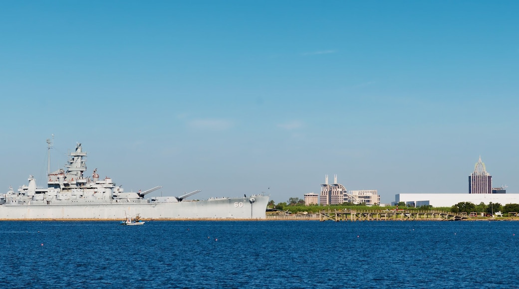 Panoramic of Mobile, Alabama, skyline with U.S.S. Alabama in for