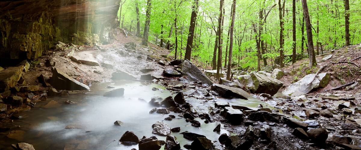 A cave entrance with a stream flowing through a forest.